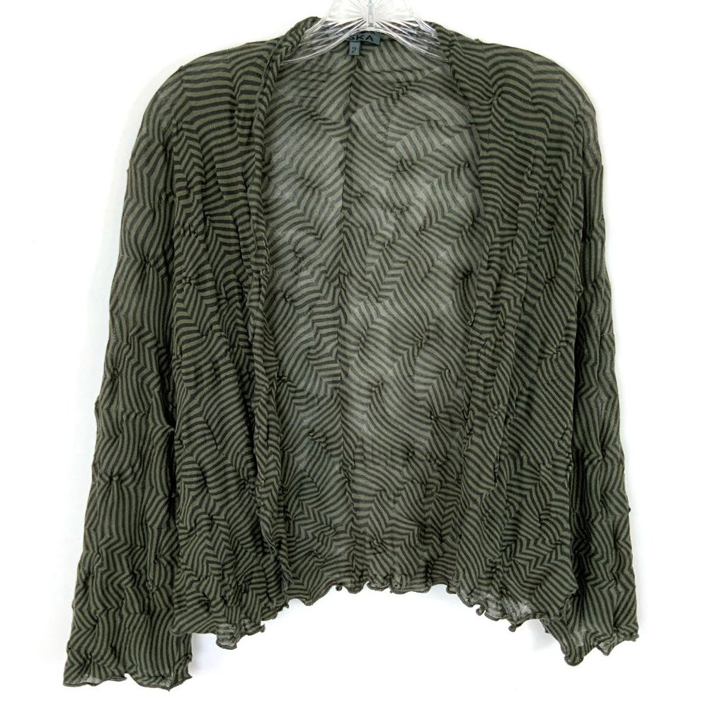 Oska Green Striped Long Sleeve Mesh Open Front Top Medium